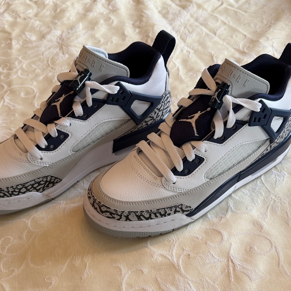 Jordan Kids White and Navy Basketball Sneakers with Grey Elephant Print - Picture 3 of 9